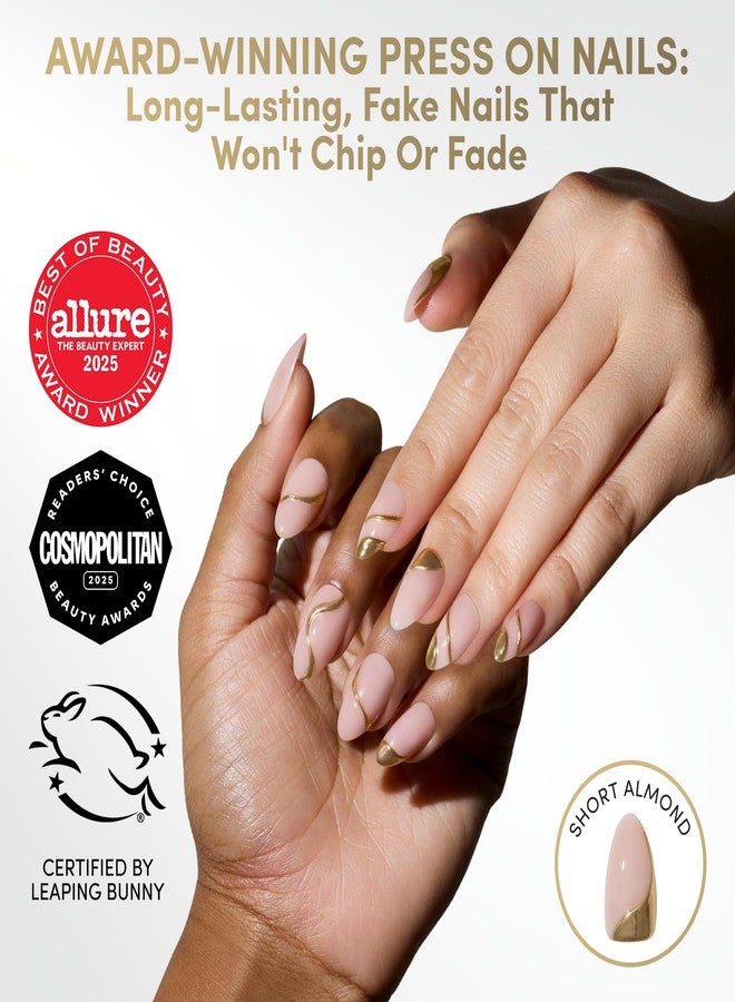 Glamnetic Glamzilla False Nails - Am I Rich | Short Nude Almond False Nails with Gold Foil, Professional Quality | 15 Sizes - Kit of 30 Nails with Glue - Image 2