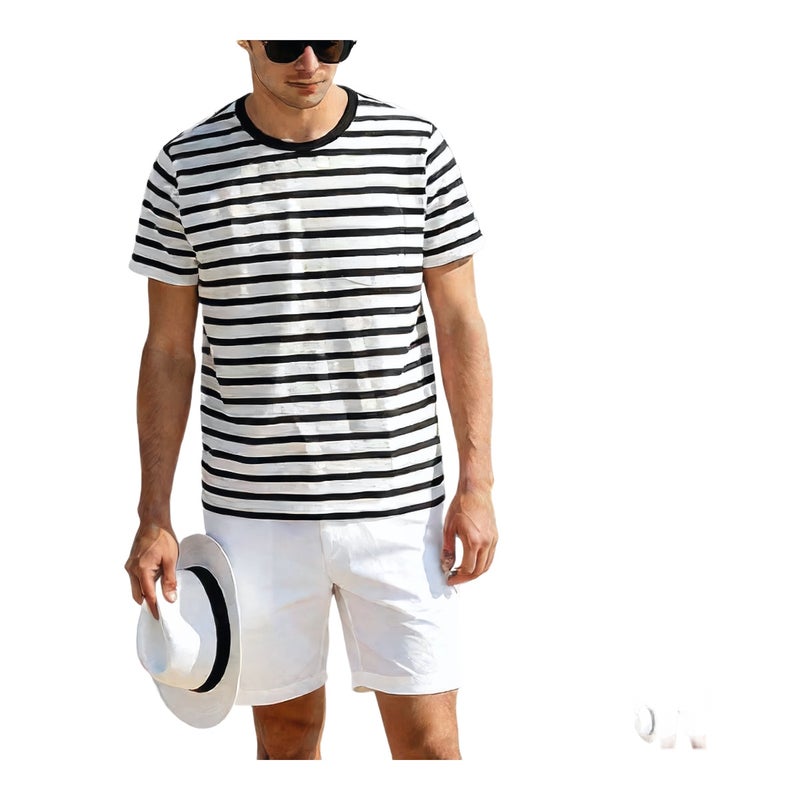 Men's Casual Striped Pocket Short Sleeve T-Shirt Quick Dry Breathable Outdoor Sports Top - Image 1