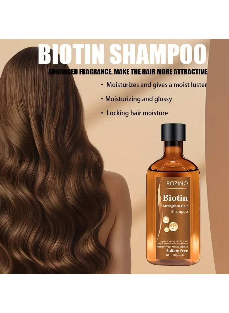 ROZINO Biotin Strengthening Hair Shampoo, 100g - Foam is Dense, Deep Cleansing & Nutritious Care for All Hair Types,, Plant-Based Formula with Coconut Oil & Squalane, Smooths & Thickens Hair - Image 3
