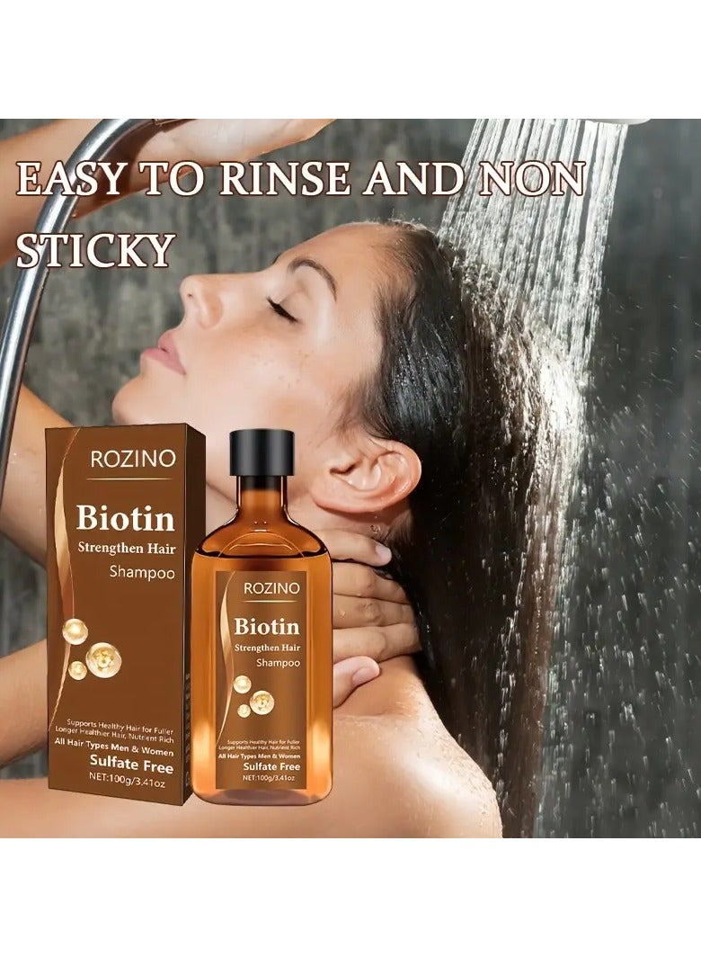 ROZINO Biotin Strengthening Hair Shampoo, 100g - Foam is Dense, Deep Cleansing & Nutritious Care for All Hair Types,, Plant-Based Formula with Coconut Oil & Squalane, Smooths & Thickens Hair - Image 4
