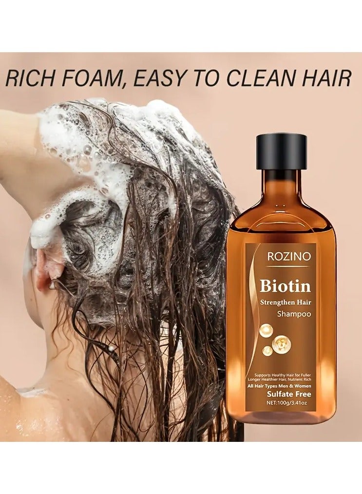 ROZINO Biotin Strengthening Hair Shampoo, 100g - Foam is Dense, Deep Cleansing & Nutritious Care for All Hair Types,, Plant-Based Formula with Coconut Oil & Squalane, Smooths & Thickens Hair - Image 5