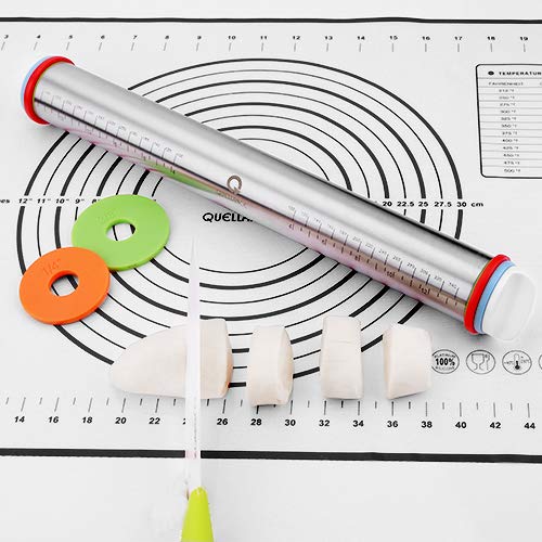 Quellance Rolling Pin and Pastry Baking Mat Set, Rolling Pins with Adjustable Thickness Rings, Stainless Steel Dough Roller for Baking Fondant, Pizza, Pie, Pastry, Pasta, Cookies (Black Mat) - Image 4