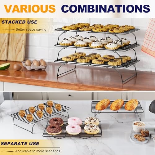 Qukaka 3 Tier Stackable Cooling Rack for Batch Cooling Cookie, Pizza, Cake-15.8”x 10”- Heavy Duty Cooling Racks for Cooking and Baking, Oven and Dishwasher Safe Baking Supplies-Black - Image 5