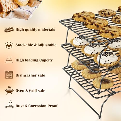 Qukaka 3 Tier Stackable Cooling Rack for Batch Cooling Cookie, Pizza, Cake-15.8”x 10”- Heavy Duty Cooling Racks for Cooking and Baking, Oven and Dishwasher Safe Baking Supplies-Black - Image 2