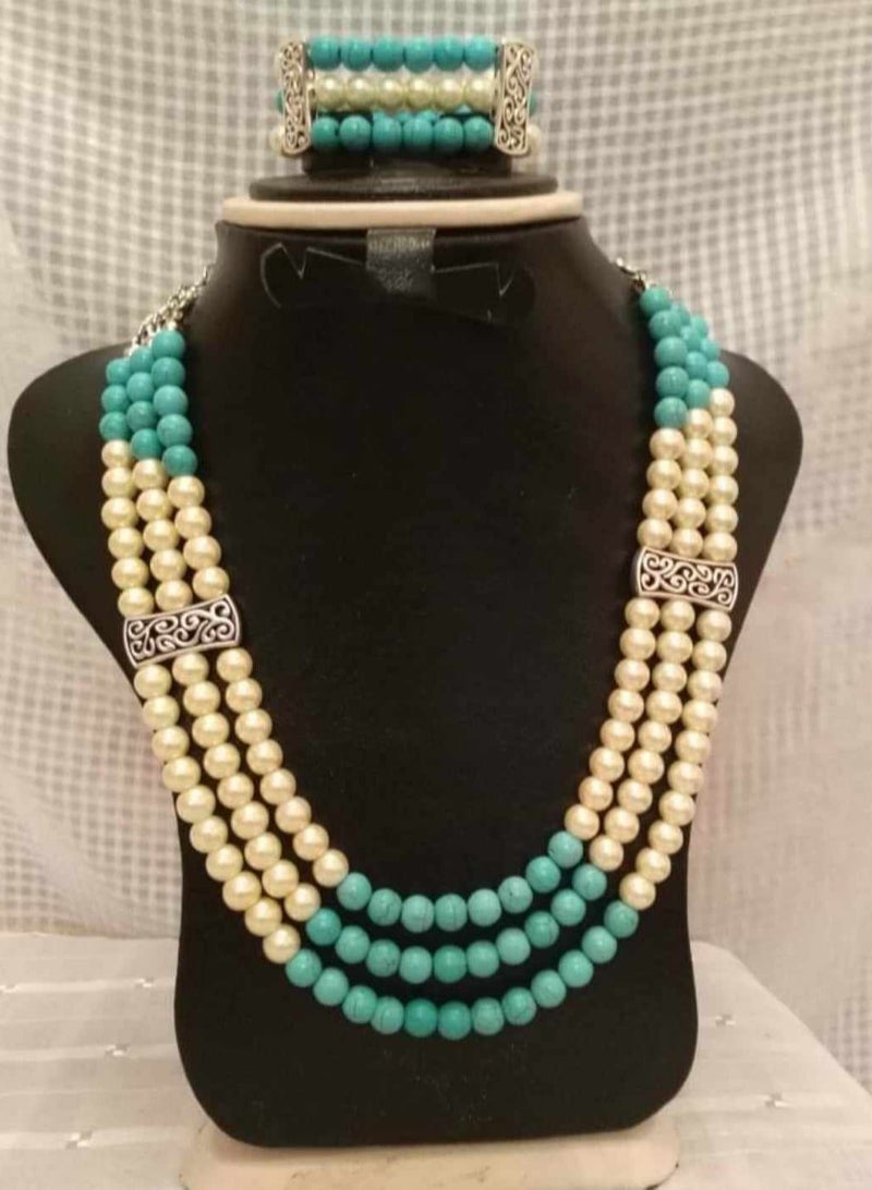 RA accessories Women Necklace Of Off White Pearls & Turquoise 