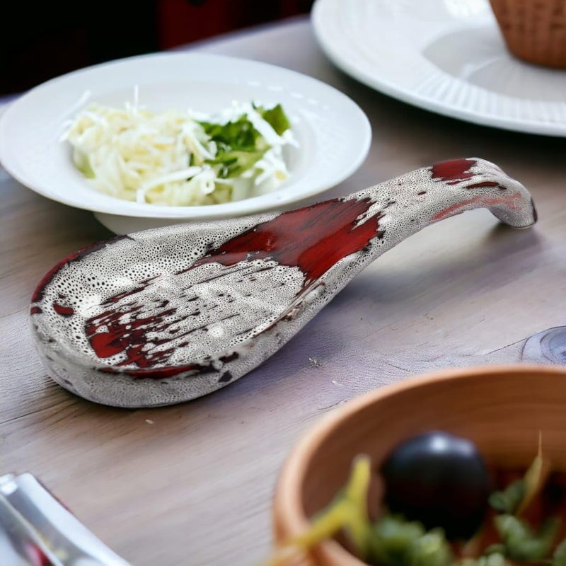 Malaikah Red Abstract Hand Printed Ceramic Spoon Rest Ideal for Kitchen Large Size Cooking Utensil Rest for Counter Stove Top for Spoons Food Grade Material Serveware Cutlery Rest Pack of 1 - Image 2