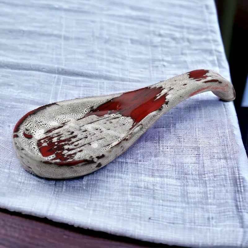 Malaikah Red Abstract Hand Printed Ceramic Spoon Rest Ideal for Kitchen Large Size Cooking Utensil Rest for Counter Stove Top for Spoons Food Grade Material Serveware Cutlery Rest Pack of 1 - Image 3