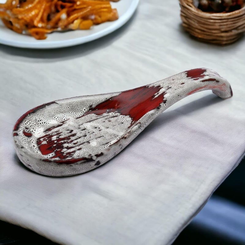 Malaikah Red Abstract Hand Printed Ceramic Spoon Rest Ideal for Kitchen Large Size Cooking Utensil Rest for Counter Stove Top for Spoons Food Grade Material Serveware Cutlery Rest Pack of 1 - Image 1