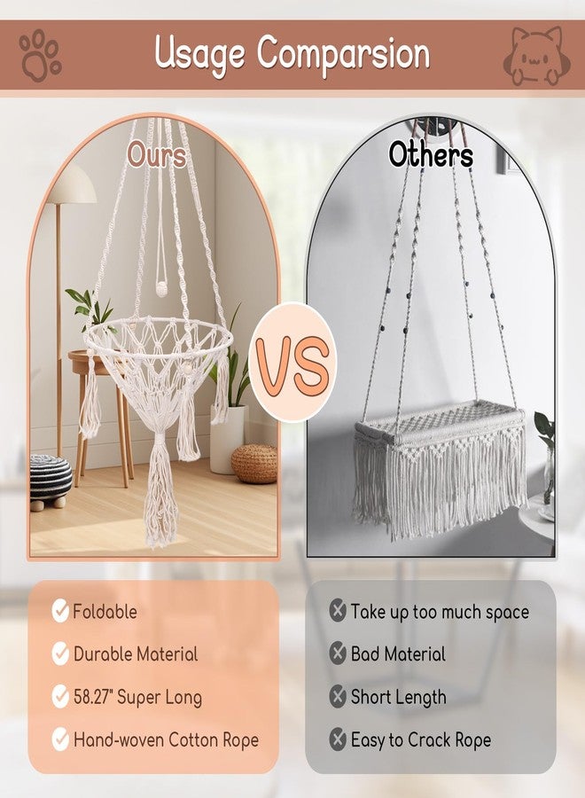 VINGVO Macrame Cat Hammock Bed, 58.27" Handwoven Pet Hanging Swing Bed with Hook for Wall, Foldable Kitten Window Perch for Indoor Outdoor Sports Playing Sleeping Climbing Lounging - Image 3