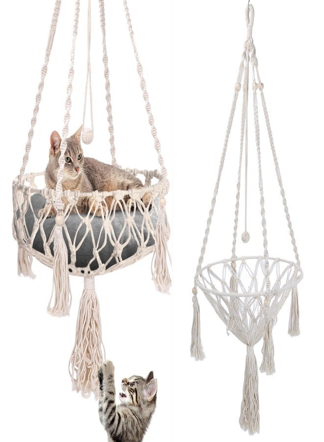 VINGVO Macrame Cat Hammock Bed, 58.27" Handwoven Pet Hanging Swing Bed with Hook for Wall, Foldable Kitten Window Perch for Indoor Outdoor Sports Playing Sleeping Climbing Lounging - Image 1