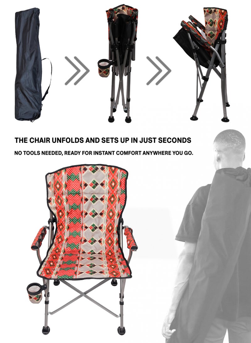 دي بلو كرسي تخييم قابل للطي مع وسادة، بنقشة السدو، وحامل أكواب - كرسي خارجي بتصميم مجلس عربي للتخييم، والشاطئ، والحديقة، وصيد الأسماك، والشواء، والسفر، والنزهات - 50×50×93 سم - Image 5