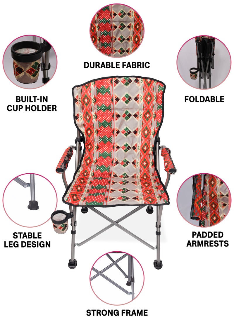 دي بلو كرسي تخييم قابل للطي مع وسادة، بنقشة السدو، وحامل أكواب - كرسي خارجي بتصميم مجلس عربي للتخييم، والشاطئ، والحديقة، وصيد الأسماك، والشواء، والسفر، والنزهات - 50×50×93 سم - Image 3