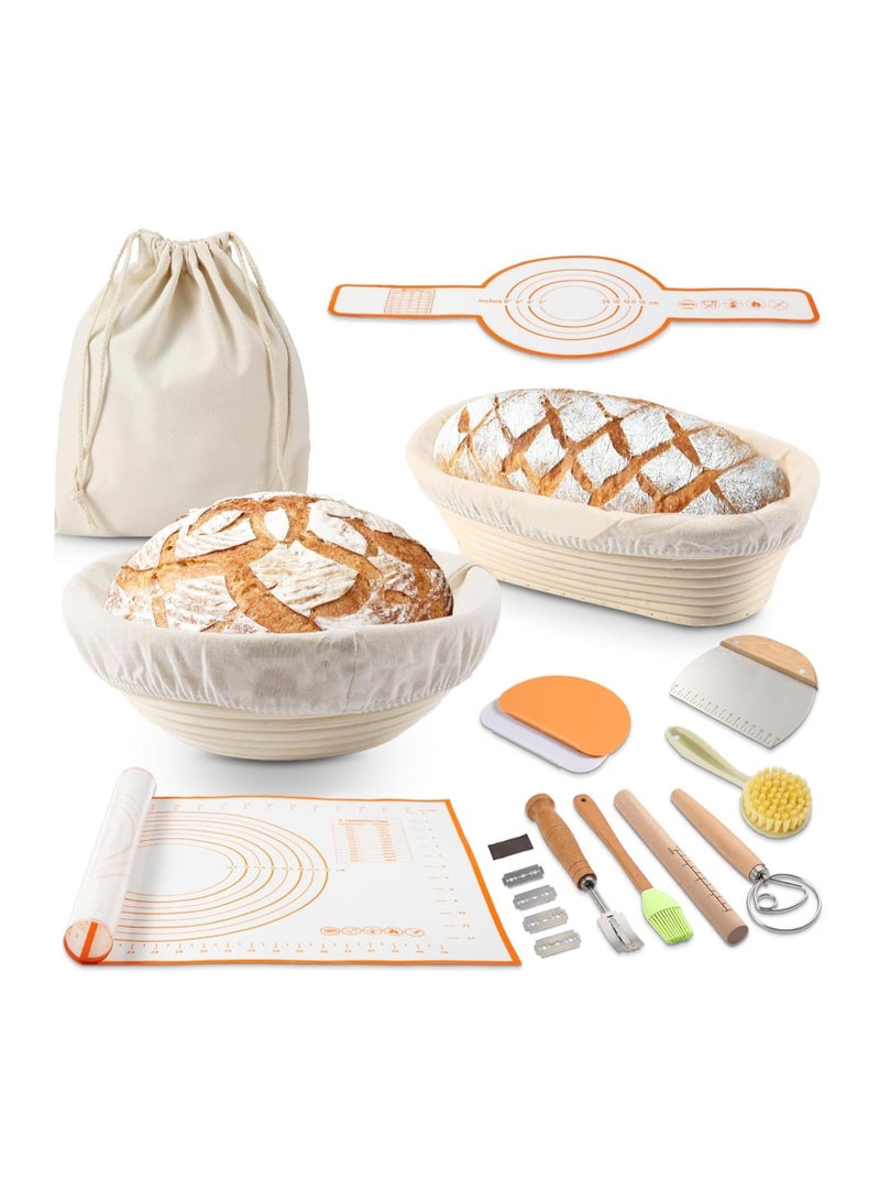 اكسيسن مستلزمات خبز الخبز المخمر، مجموعة كاملة لبدء صنع الخبز المخمر مع سلتين سيليكون مطورتين لتخمير الخبز، مع سكين خبز، ومضرب دنماركي، ومكشطة وعاء، ومكشطة خبز مخمر، وبطانات من الكتان (B)