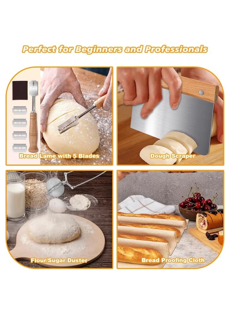 اكسيسن مجموعة أدوات البدء في صنع العجين المخمر، مستلزمات خبز العجين المخمر مع سلتين مطورتين من الروطان لتخمير الخبز، مع سكين خبز، خفاش دنماركي، مكشطة وعاء، مكشطة عجين مخمر، وبطانات من الكتان - Image 3