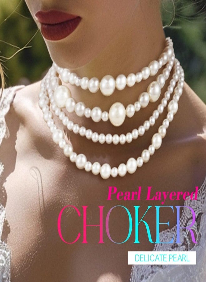 Nicute Layered Pearl Choker Necklace White 1920s Vintage Collar Chunky Classic Necklace for Women (White 4 Layered) - Image 3