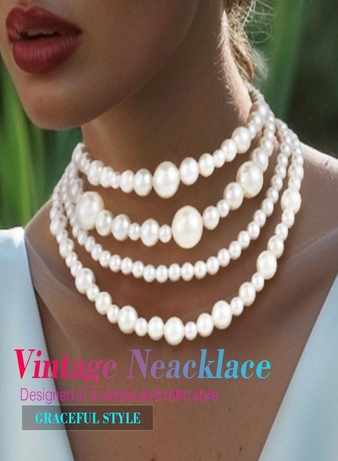 Nicute Layered Pearl Choker Necklace White 1920s Vintage Collar Chunky Classic Necklace for Women (White 4 Layered) - Image 5