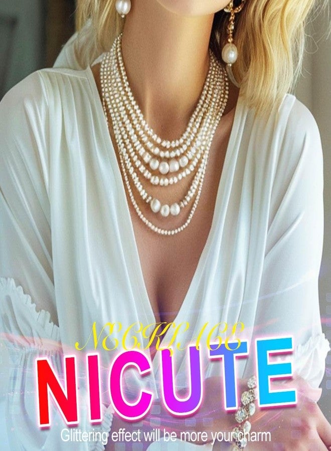 Nicute Layered Pearl Choker Necklace White 1920s Vintage Collar Chunky Classic Necklace for Women (White 4 Layered) - Image 2