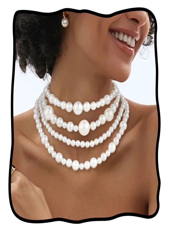 Nicute Layered Pearl Choker Necklace White 1920s Vintage Collar Chunky Classic Necklace for Women (White 4 Layered) - Image 1