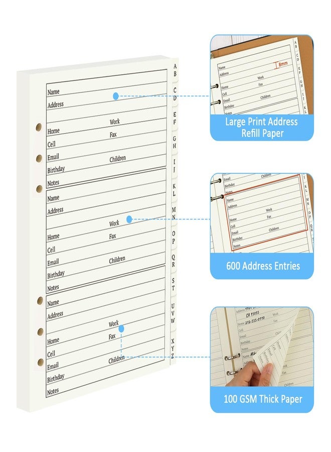 suituts Address Book Refill Pages with Alphabetical Tabs, Large Print 600 Contacts Refillable Pages, A5 6-Ring Address Page for Senior Home Office - Image 2