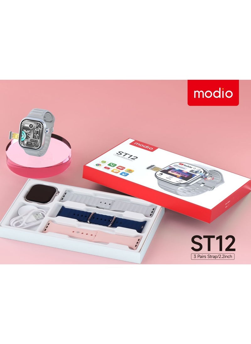 modio Modio ST12 Smart Watch 2.2 Inch Full Screen Display With 4G SIM card Support 3 Pair Straps and Wireless Charger For Ladies and Gents Silver  - Image 3