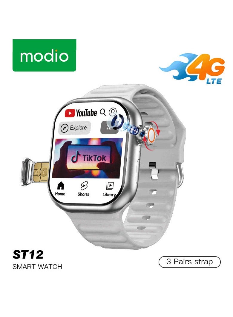 Modio ST12 Smart Watch 2.2 Inch Full Screen Display With 4G SIM card Support 3 Pair Straps and Wireless Charger For Ladies and Gents Silver