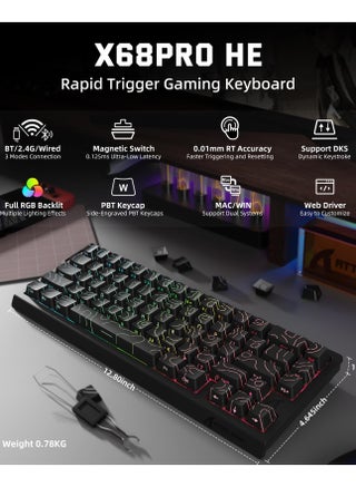 لوحة مفاتيح ألعاب لاسلكية X68PRO HE سريعة التشغيل مع تشغيل قابل للتعديل، معدل اقتراع 8K، مفتاح مغناطيسي بتأثير هول، تبديل سريع، إضاءة خلفية RGB، بلوتوث/2.4 جيجاهرتز/سلكي، لألعاب FPS - أسود - view 2