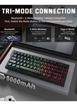 لوحة مفاتيح ألعاب لاسلكية X68PRO HE سريعة التشغيل مع تشغيل قابل للتعديل، معدل اقتراع 8K، مفتاح مغناطيسي بتأثير هول، تبديل سريع، إضاءة خلفية RGB، بلوتوث/2.4 جيجاهرتز/سلكي، لألعاب FPS - أسود - view 5