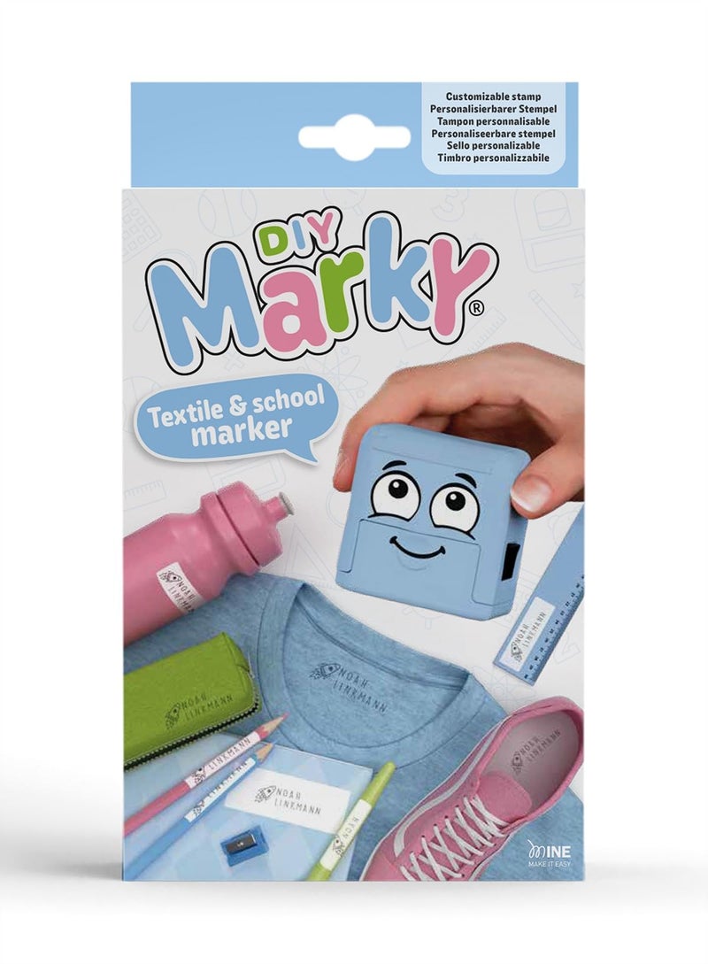 Colop DIY MARKY - Customizable Stamp for Kids | for Children's Clothing and Items | Includes Ink for up to 1000 Impressions | Suitable for All Surfaces | Complete Set with Labels and Thermo Tape (Blue) - Image 1