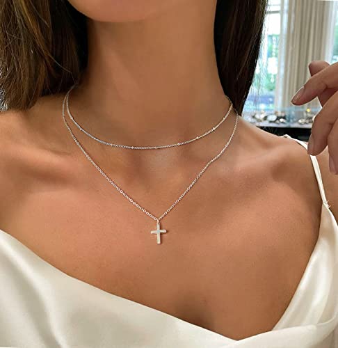 Moodear Layered Cross Pendant Necklace - Trendy 925 Sterling Silver Layering Simple Satellite Chain Cute Necklaces for Women Dainty Jewelry Gift - Image 2