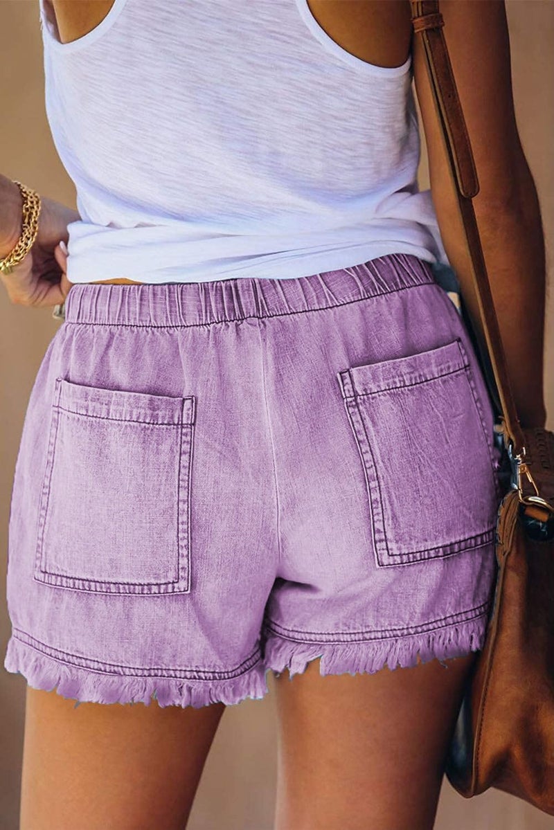 YOCUR Drawstring Denim Shorts for Women Cute Trendy Fringe Short Jeans Casual Vintage Hot Pants Loose Aesthetic Elastic Waist Kawaii Denim Shorts Purple XXL - Image 3