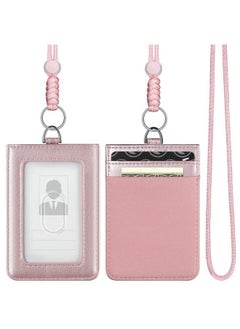 VULKIT Id Badge Holder With Lanyard For Women And Men Vertical Leather Badge Holder With Clear Id Window Card Holder Slot And Money Pocket Champagne Gold  - Image 2