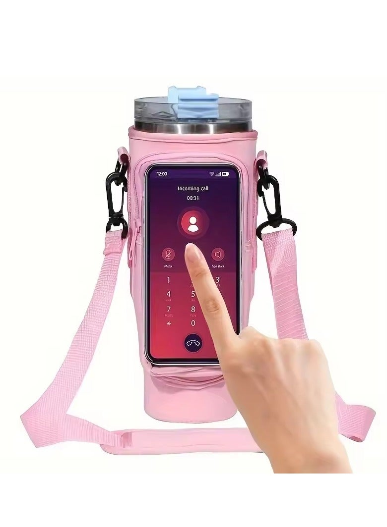 Water Bottle Carrier Bag with Strap for Stanley 40oz Tumbler with Handle, 2 Pocket Sling Neoprene Bottle Pouch Holder, Stanley Cup Accessories for Hiking Travelling Camping (Pink) - Image 1