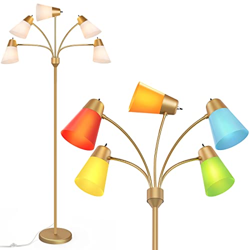 FOLKSMATE LED Floor Lamp, Medusa Multi Head Modern Tall Standing Lamps, Adjustable Corner Reading Floor Light for Living Room, Bedroom, Kids Room, White and Colored Lampshades, Brass Gold - Image 1
