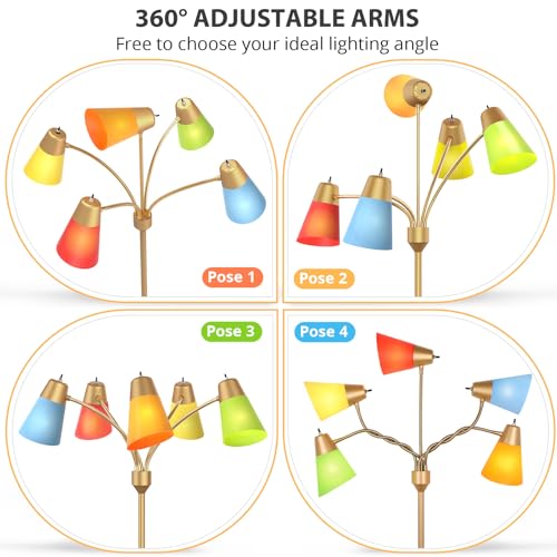 FOLKSMATE LED Floor Lamp, Medusa Multi Head Modern Tall Standing Lamps, Adjustable Corner Reading Floor Light for Living Room, Bedroom, Kids Room, White and Colored Lampshades, Brass Gold - Image 3