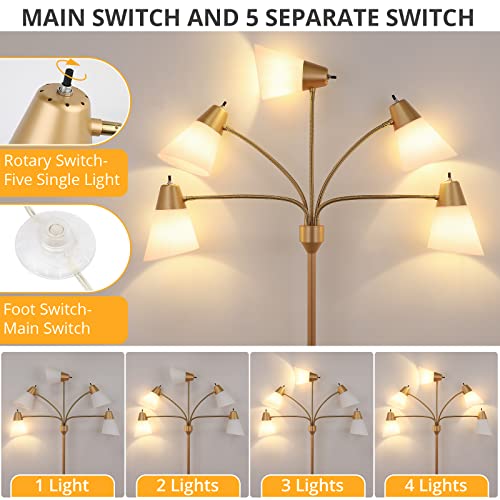 FOLKSMATE LED Floor Lamp, Medusa Multi Head Modern Tall Standing Lamps, Adjustable Corner Reading Floor Light for Living Room, Bedroom, Kids Room, White and Colored Lampshades, Brass Gold - Image 2