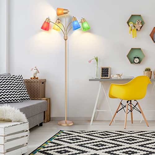 FOLKSMATE LED Floor Lamp, Medusa Multi Head Modern Tall Standing Lamps, Adjustable Corner Reading Floor Light for Living Room, Bedroom, Kids Room, White and Colored Lampshades, Brass Gold - Image 5