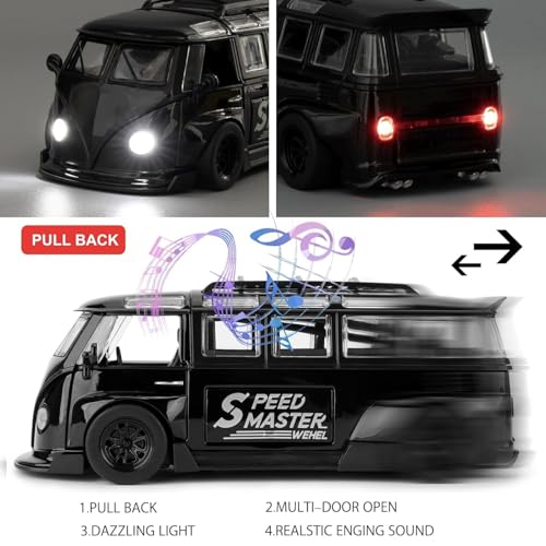 FEXXA 1.32 Scale Exclusive Alloy Metal Pull Back Die-cast Car Model with Sound Light Mini Auto Toy for Kids Metal Model Toy Car with Sound and Light (1.32 Scale VOLKS-WAGEN Bus-Black) - Image 3
