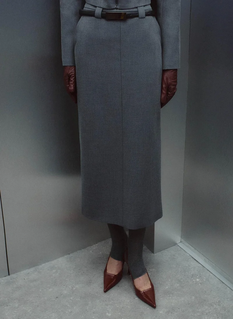 Straight midi skirt with eco-leather belt