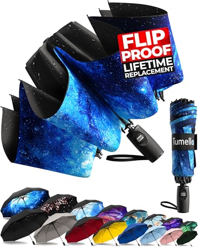 TUMELLA Flip-proof Inverted Travel Umbrella, Small Strong but Light Portable and Automatic Reverse Folding Rain Umbrella, Durable Premium Grip, Fits Car & Backpack - Image 1