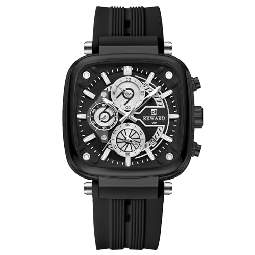 REWARD Men's 44mm Big Square Case Fashion Quartz Watch Chronograph Silicone Band Waterproof Wrist Watch for Male - Image 1