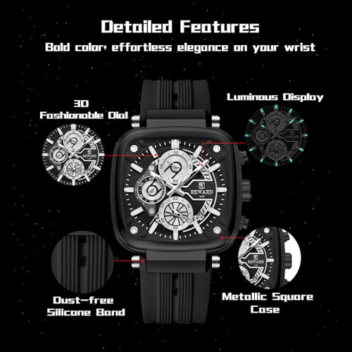 REWARD Men's 44mm Big Square Case Fashion Quartz Watch Chronograph Silicone Band Waterproof Wrist Watch for Male - Image 5