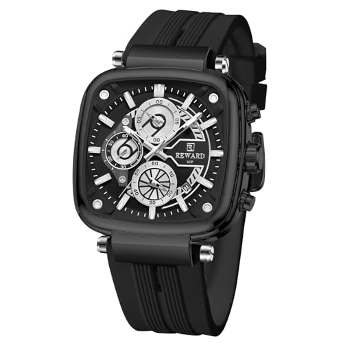 REWARD Men's 44mm Big Square Case Fashion Quartz Watch Chronograph Silicone Band Waterproof Wrist Watch for Male - Image 2