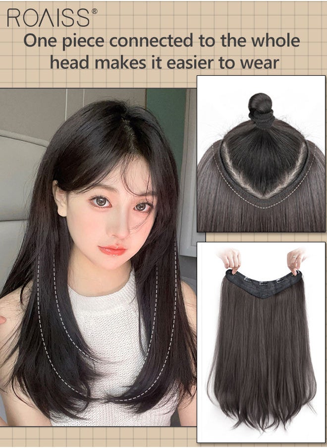 roaiss V-Shaped Black Hair Extensions, One Piece Slightly Curly Straight Hair Extension with 5 Clips, Heat Resistant Synthetic Hairpiece for Women Girls, 60cm  - Image 1