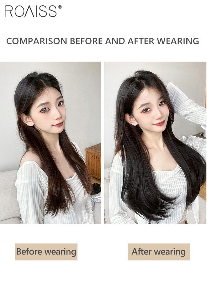 roaiss V-Shaped Black Hair Extensions, One Piece Slightly Curly Straight Hair Extension with 5 Clips, Heat Resistant Synthetic Hairpiece for Women Girls, 60cm  - Image 2