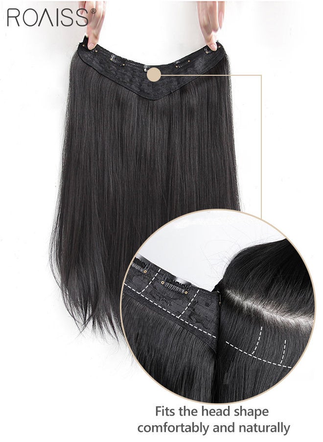 roaiss V-Shaped Black Hair Extensions, One Piece Slightly Curly Straight Hair Extension with 5 Clips, Heat Resistant Synthetic Hairpiece for Women Girls, 60cm  - Image 5