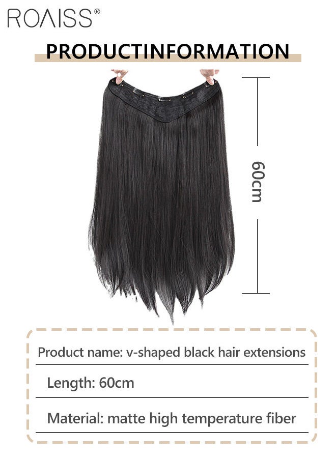 roaiss V-Shaped Black Hair Extensions, One Piece Slightly Curly Straight Hair Extension with 5 Clips, Heat Resistant Synthetic Hairpiece for Women Girls, 60cm  - Image 3