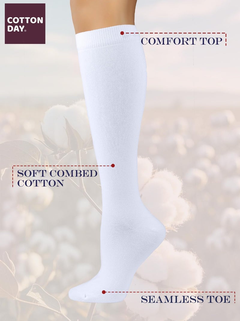 COTTON DAY Women's Soft Combed Cotton Knee High Long Calf Dress Socks Seamless Toe Shoe Size 9-11 White - Image 3