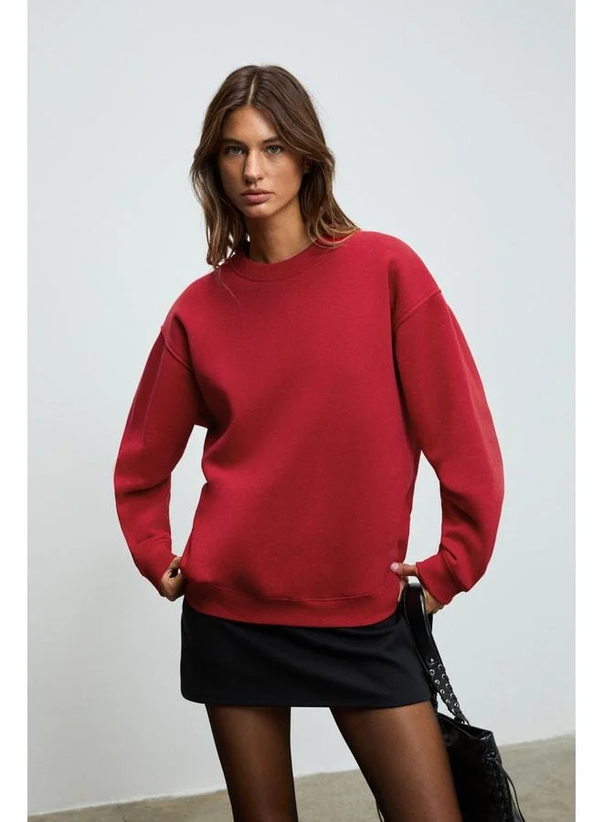 GRIMELANGE KARIUS Women's Organic Cotton Lined Fleece Oversized Round-Neck Burgundy Sweatshirt.