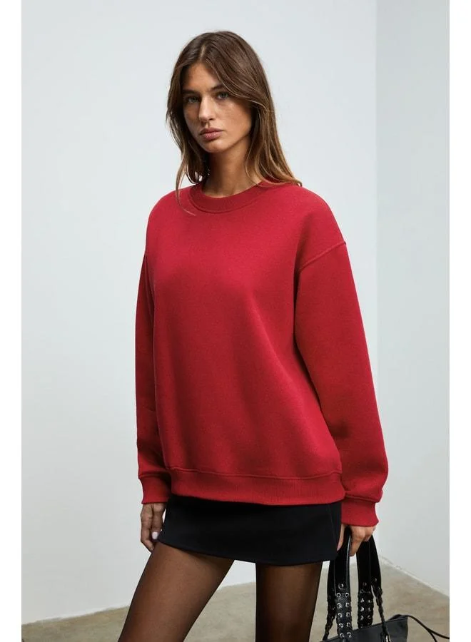 GRIMELANGE KARIUS Women's Organic Cotton Lined Fleece Oversized Round-Neck Burgundy Sweatshirt.