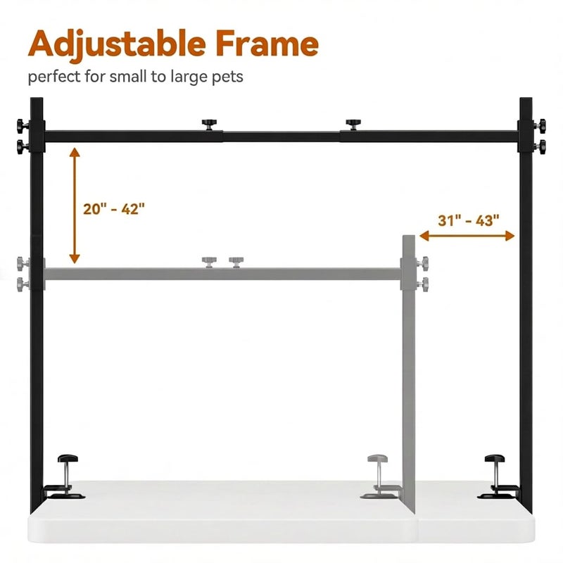 Josmimic Dog Grooming Arm for Table, S Size, Adjustable 42" Height & 31"â€“43" Width, H-Shape Stable Grooming Stand, Clamp Fits up to 2.76", with Hammock & 2 Nooses for Home Grooming & Nail Trimming - Image 3